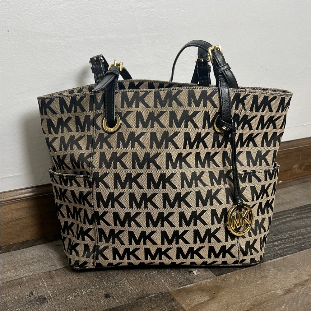 Michael Kors Black and Tan MK Pattern Tote